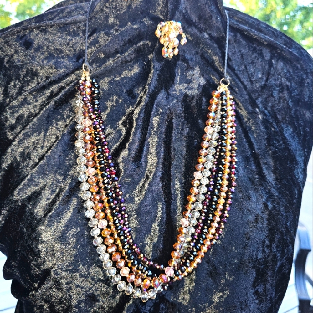 Vintage Czech 6 strand necklace yellow satin atlas AB glass beads.